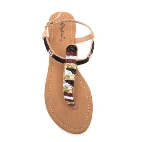 QUPID Jamilla Nude Metallic Embellished Bead T-Strap Ankle Buckle Thongs - Picture 1 of 8